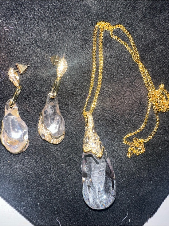 Alexis Bittar Jewelry - Gold Crystal Teardrop Pendant Necklace and Earrings Set